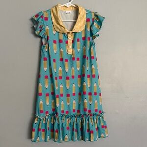 Art Class Pencil Print Dress - Teal and Yellow